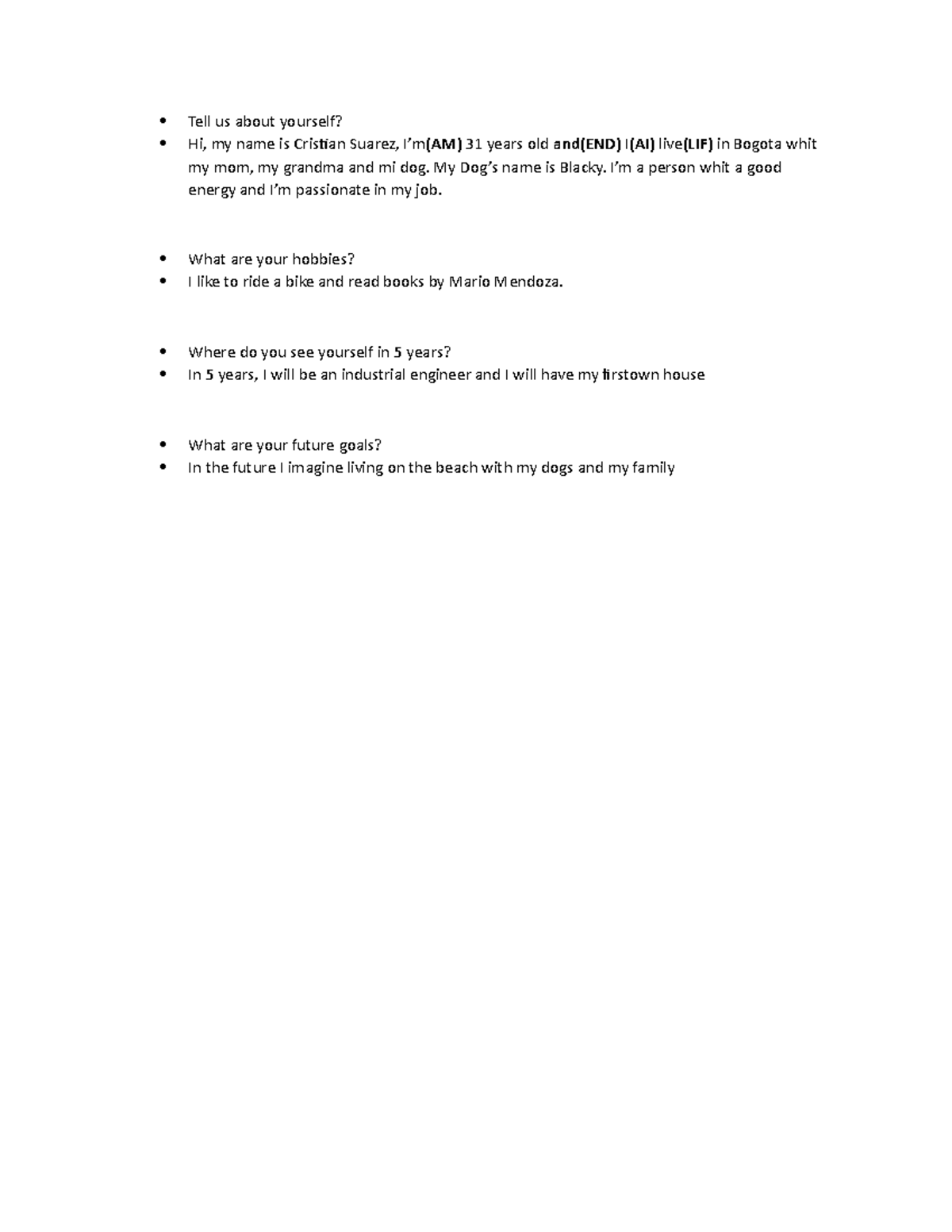 Tarea Ingles SENA - Tell us about yourself? Hi, my name is Cristian ...