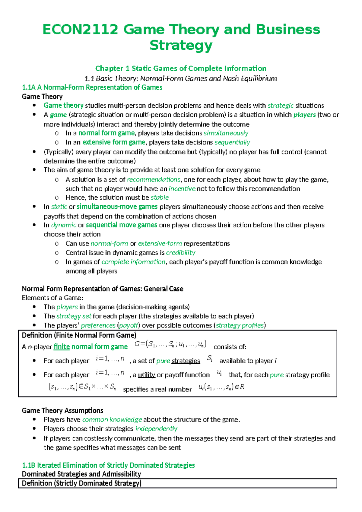 ECON2112 Study Notes - ####### ECON2112 Game Theory and Business ...
