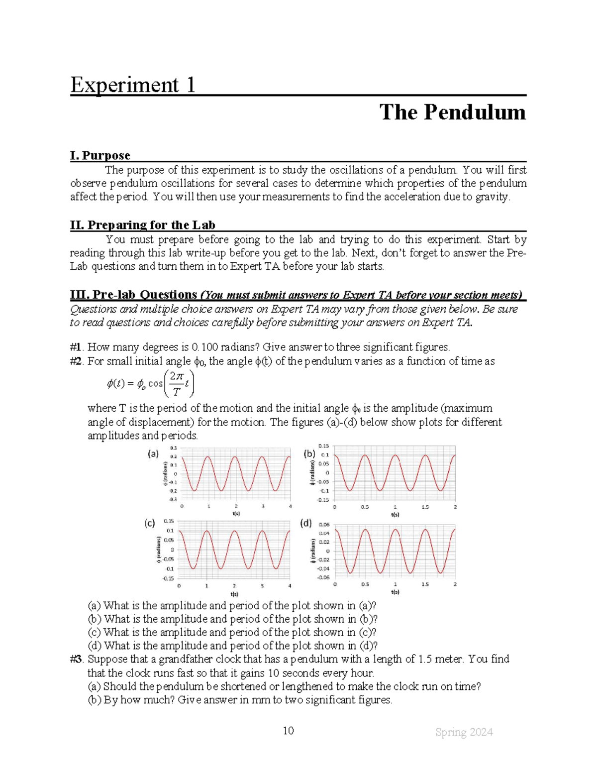 Phys122-Exp1-pendulum - Experiment 1 The Pendulum I. Purpose The ...