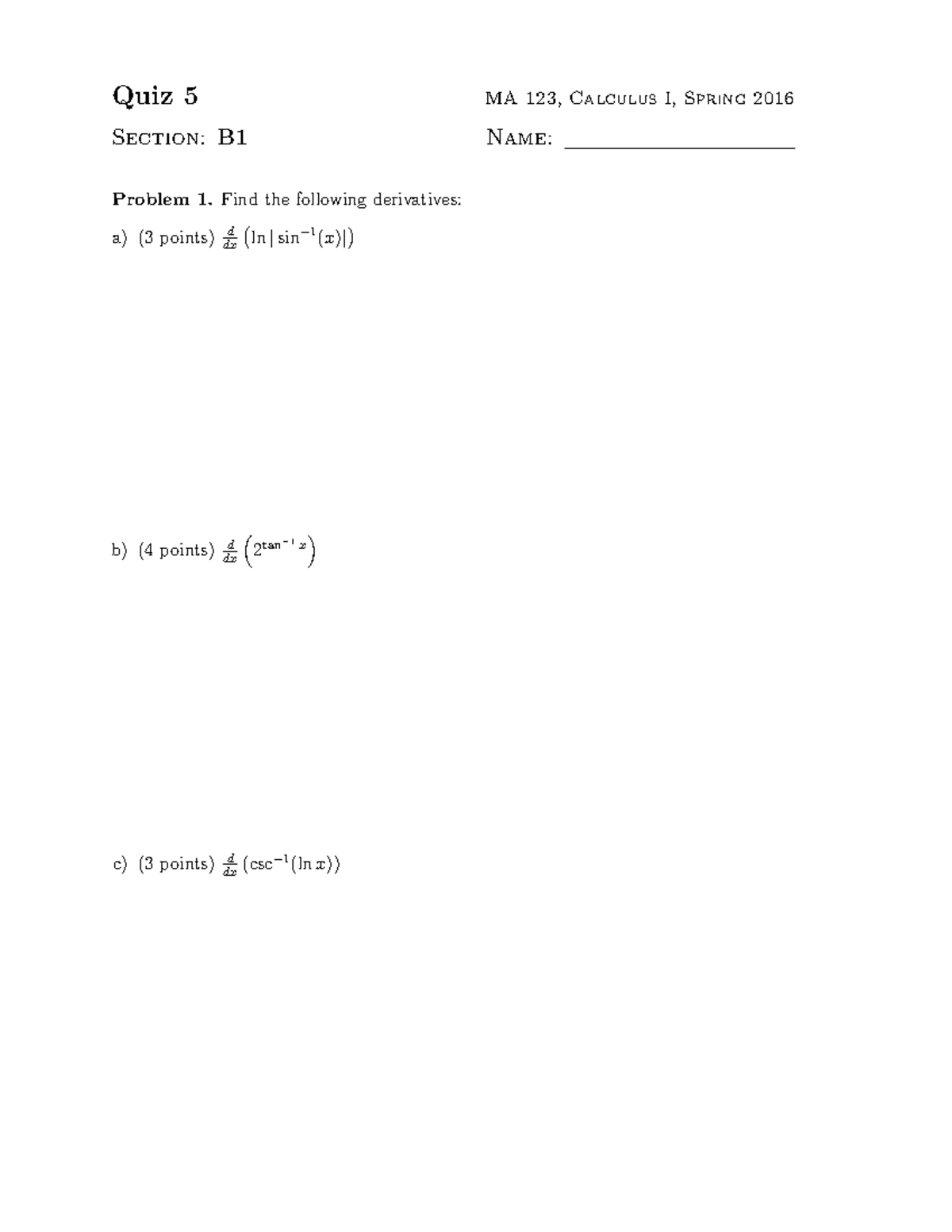 Quiz 1 5 With Solutions Quiz 5 Ma 123 Calculus I Spring 2016 Quiz 1 5 With Solutions Quiz 5 Ma 123 Calculus I Spring 2016