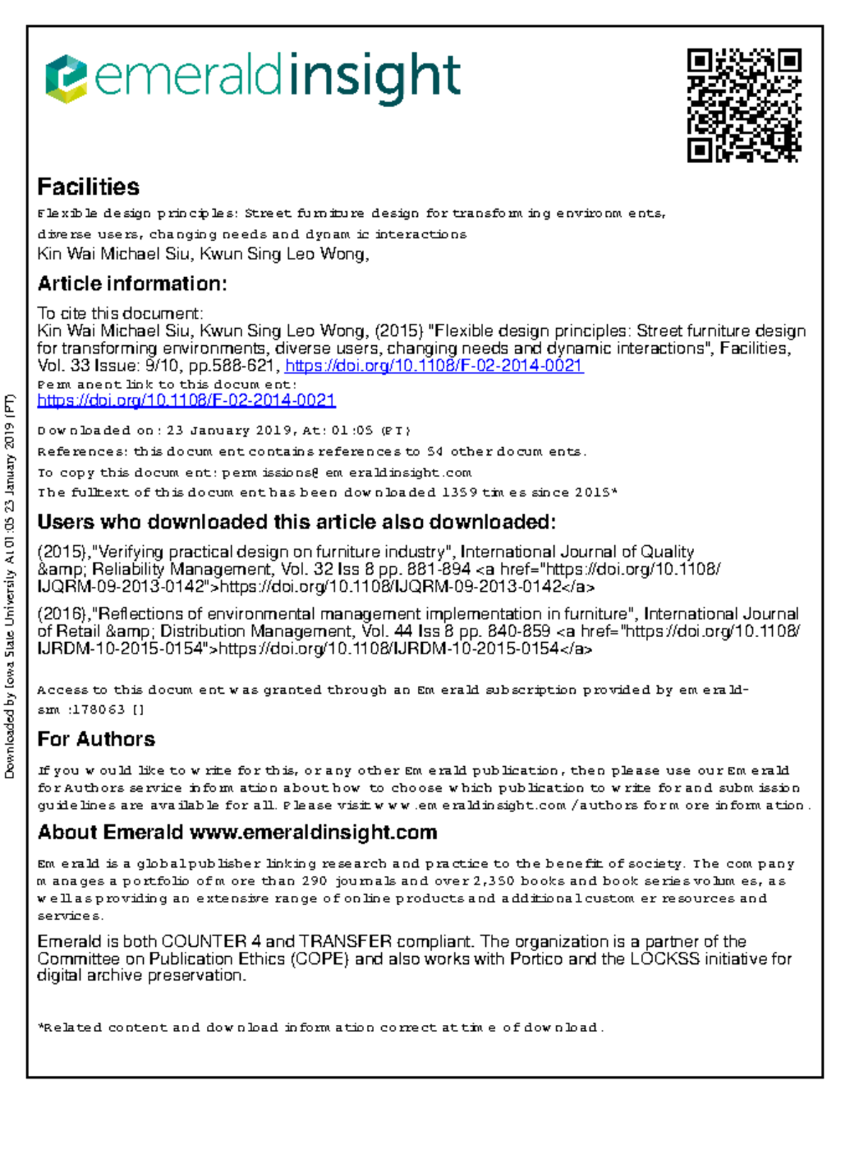 Siu2015 Research paper on flexible furniture design. Facilities