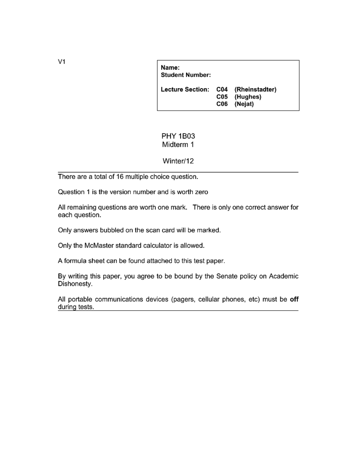 Midterm 1 2012 (2018 07 25 01 20 03 UTC) - PHYSICS 1A03 - Studocu