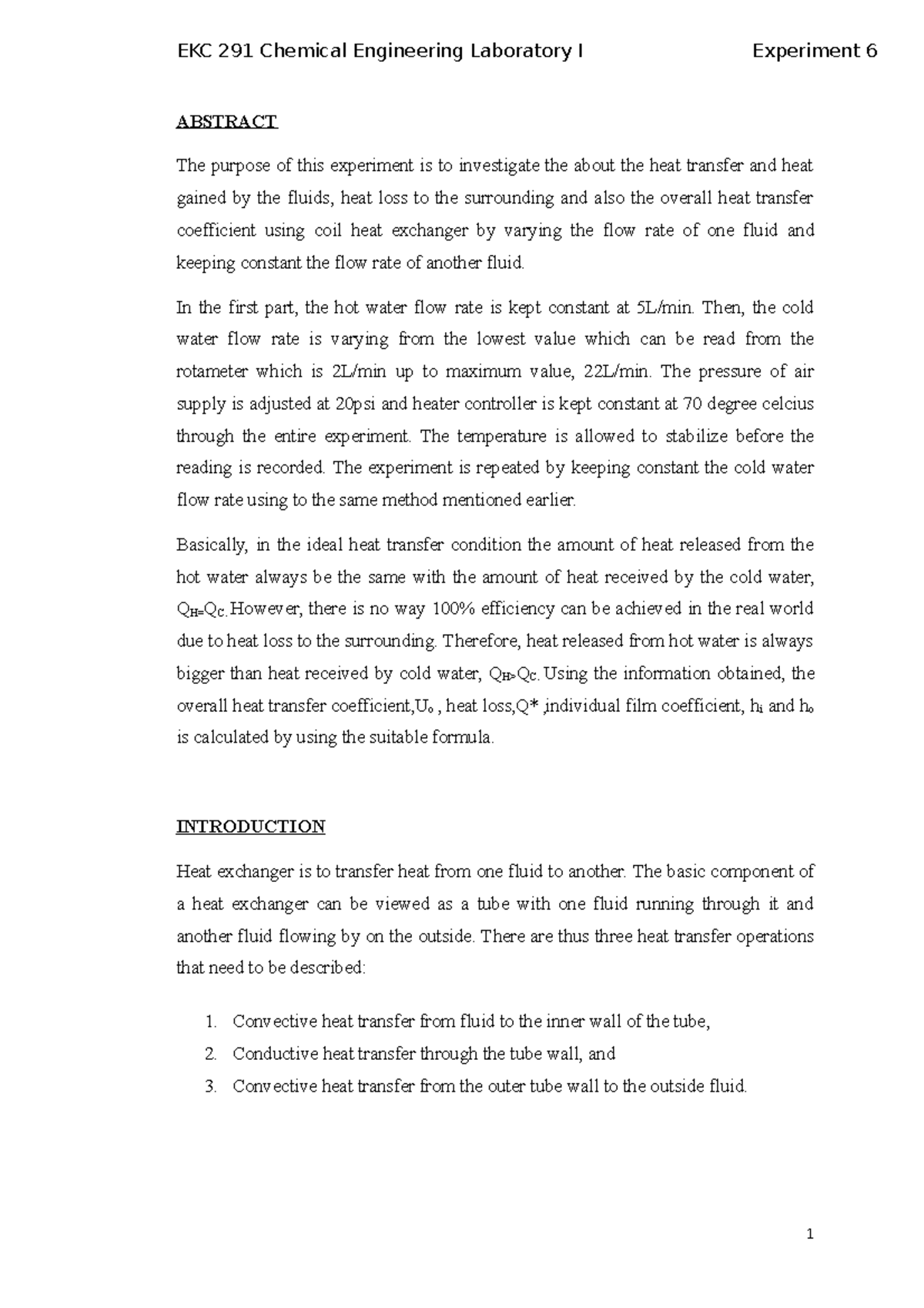 Lab report experiment coil heat exchange - ABSTRACT The purpose of this ...