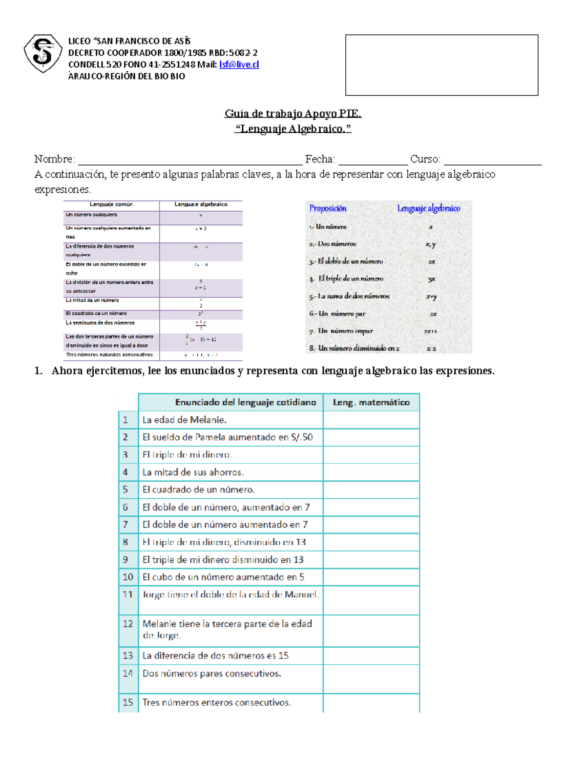Guia 7c Lenguaje algebraico - LICEO “SAN FRANCISCO DE ASÍS DECRETO ...