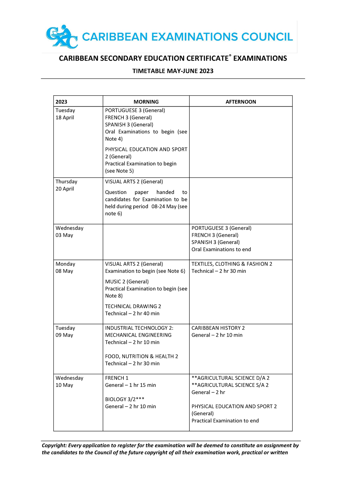 TimetableCSEC MayJune2023 Final 17October 2022 TIMETABLE MAYJUNE