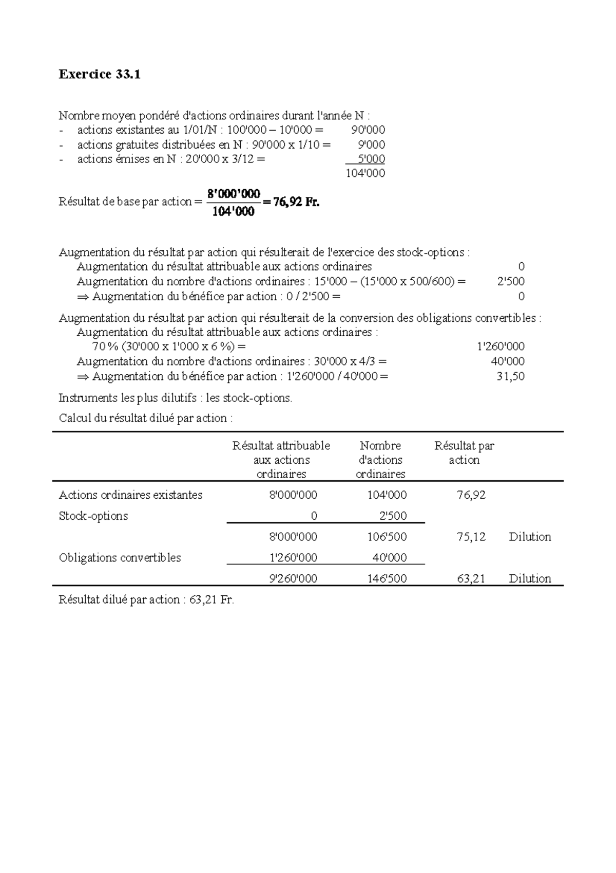 Les Ifrs Solution Ias Exercice Nombre Moyen Pond R D Actions Ordinaires Durant L