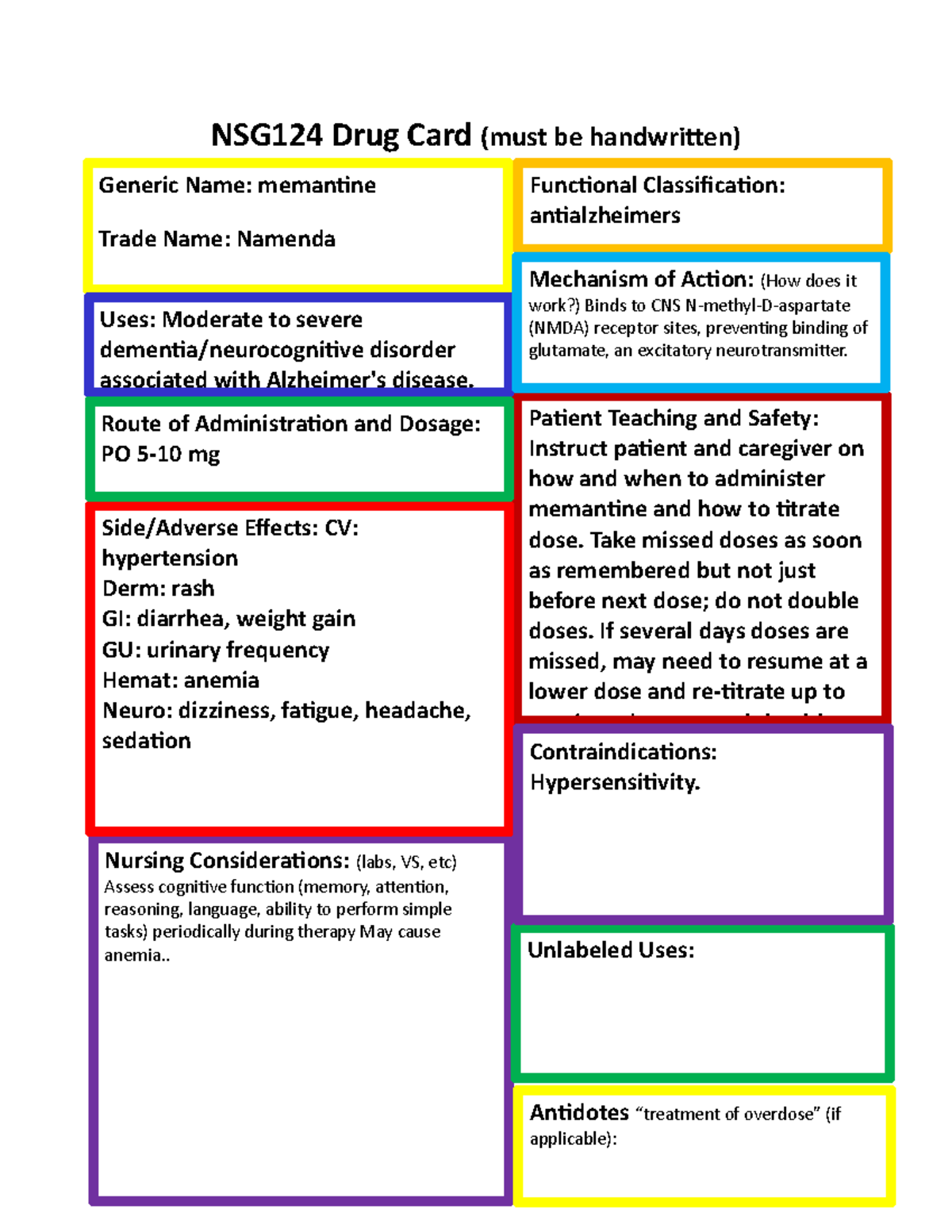 Memantine week 14 drug cards week 14 NSG124 Drug Card (must be