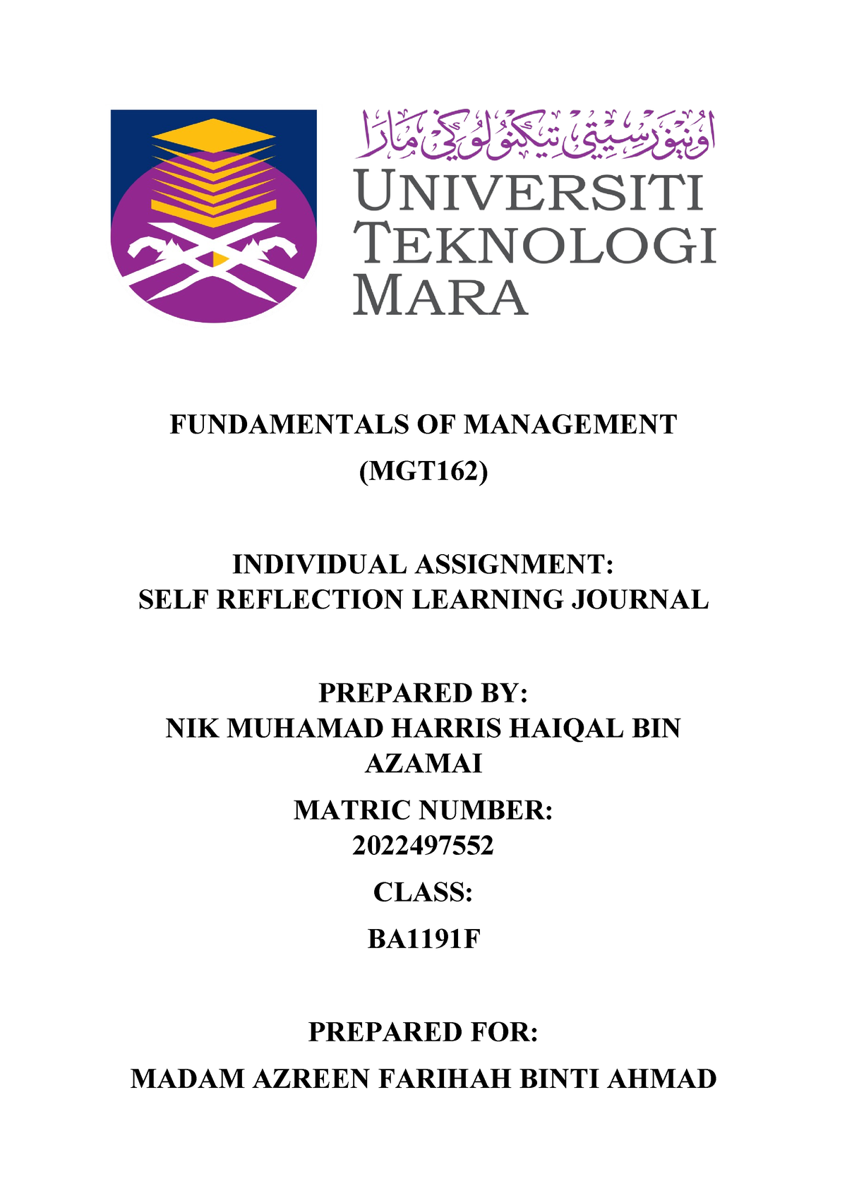 mgt162 individual assignment self reflection