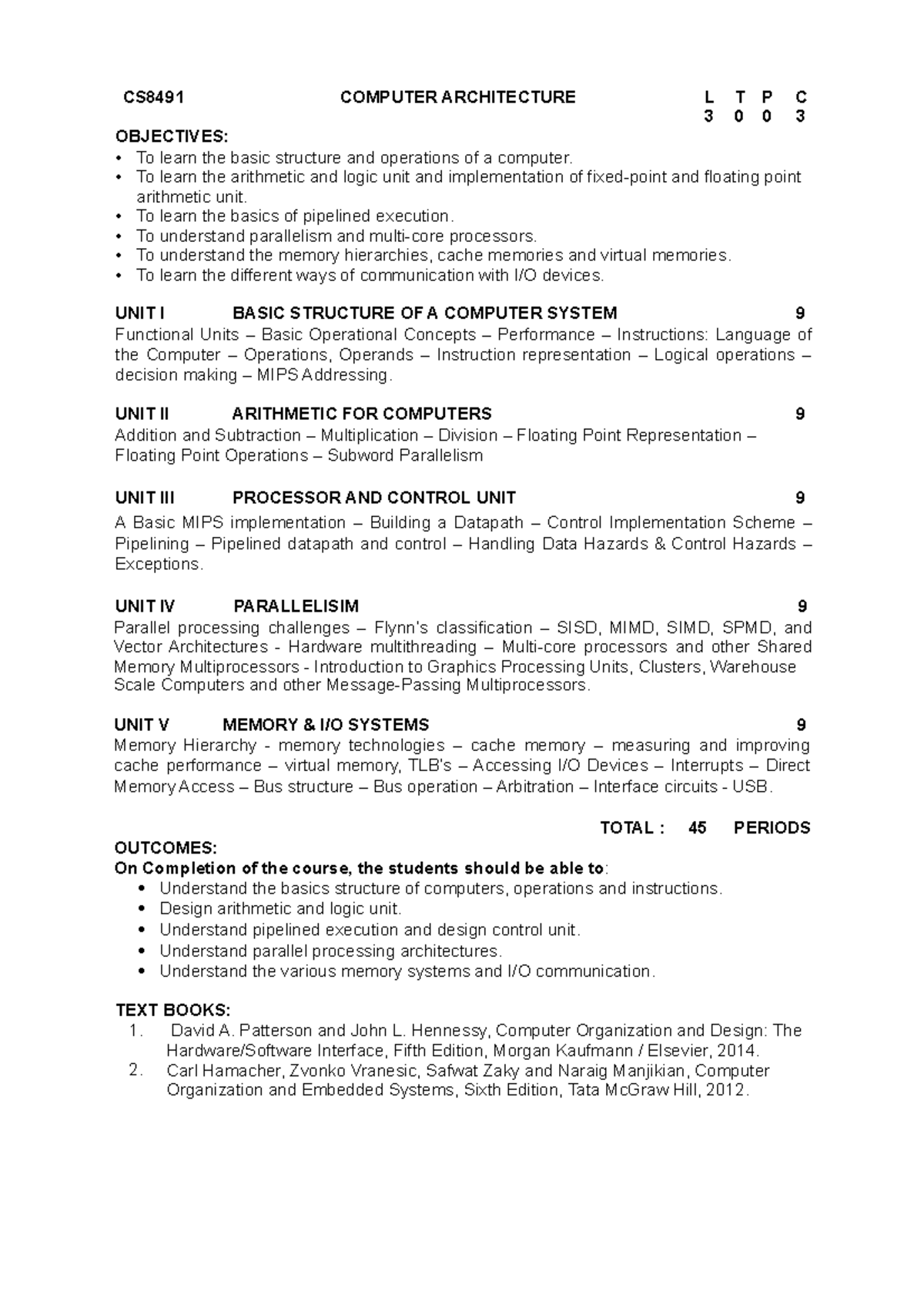 Cs8491 Ca - Lecture Notes 5 - Cs8491 Computer Architecture L T P C 3 0 