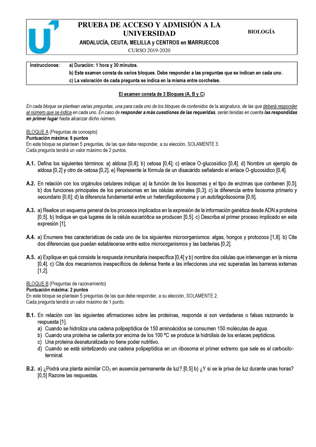 Biologia P 2 - PRUEBA DE ACCESO Y ADMISIÓN A LA UNIVERSIDAD ANDALUCÍA ...