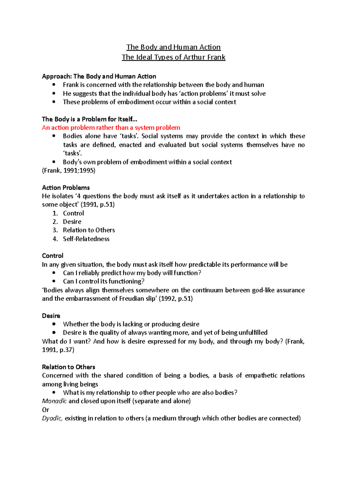 The Ideal Types of Arthur Frank The Body and Human Action The Ideal