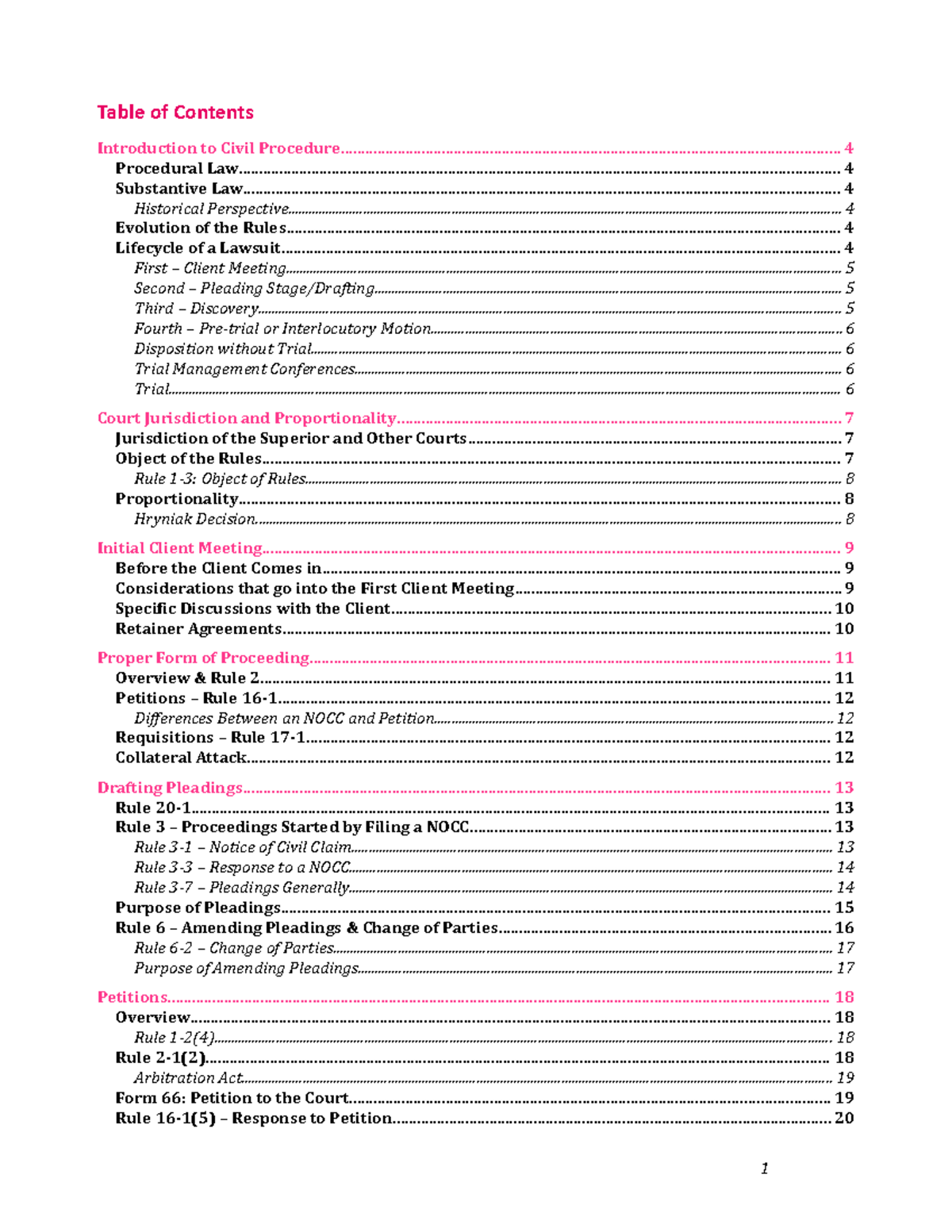 Civil Procedure - Prof Currie - Fall 2020 - Table of Contents ...