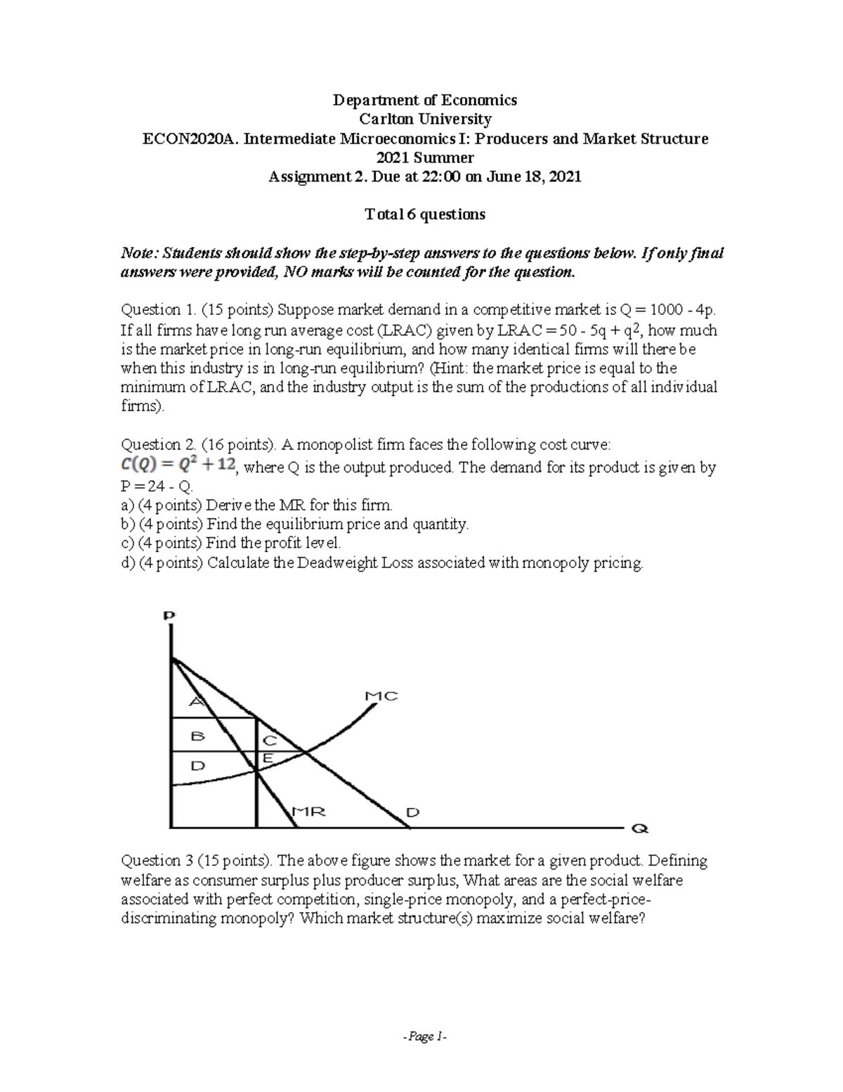 Assignment 2 Summer 2021 -Page 1- Department of Economics Carlton ...