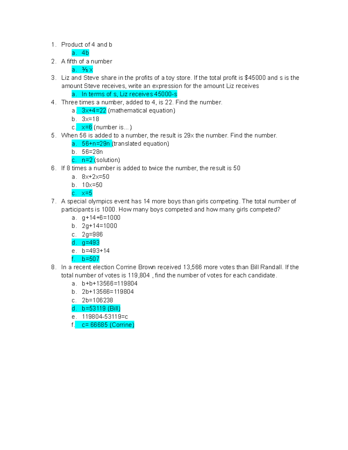Chapter 2 section 2 - Product of 4 and b a. 4b A fifth of a number a ...