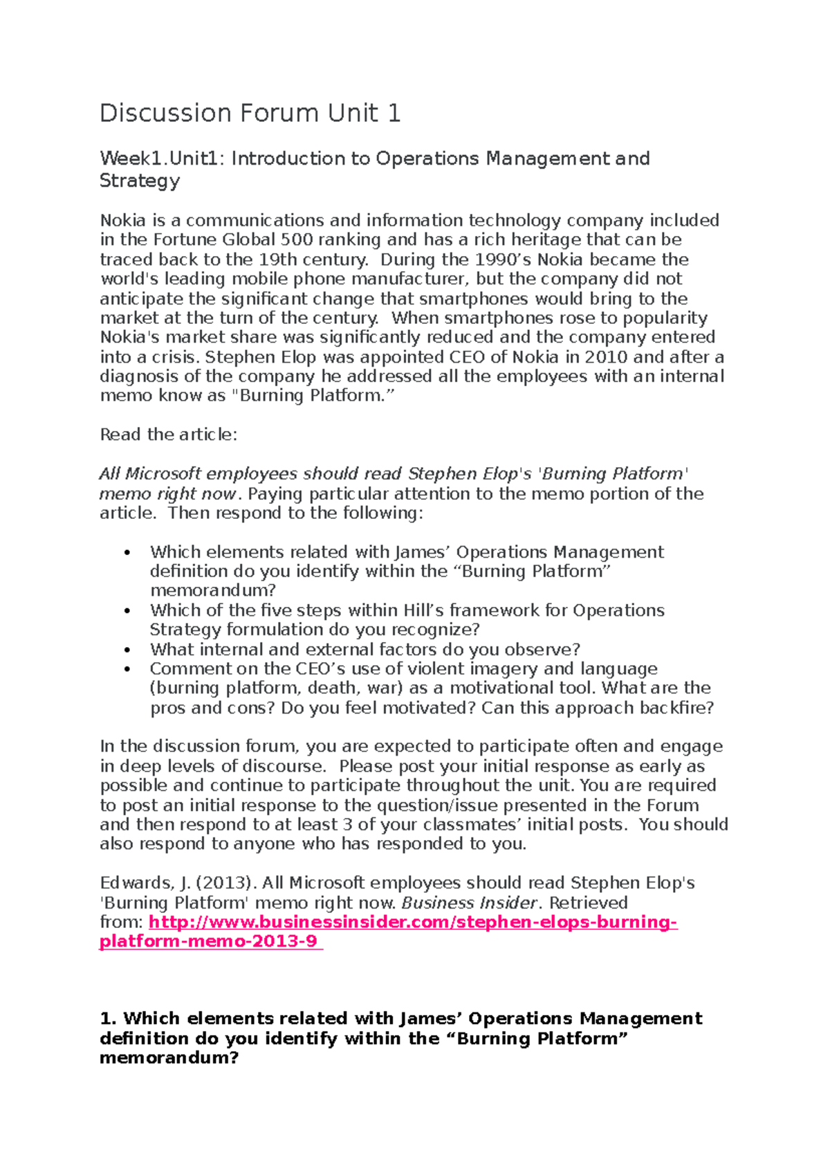 Introducing operations management concepts - Discussion Forum Unit 1 ...