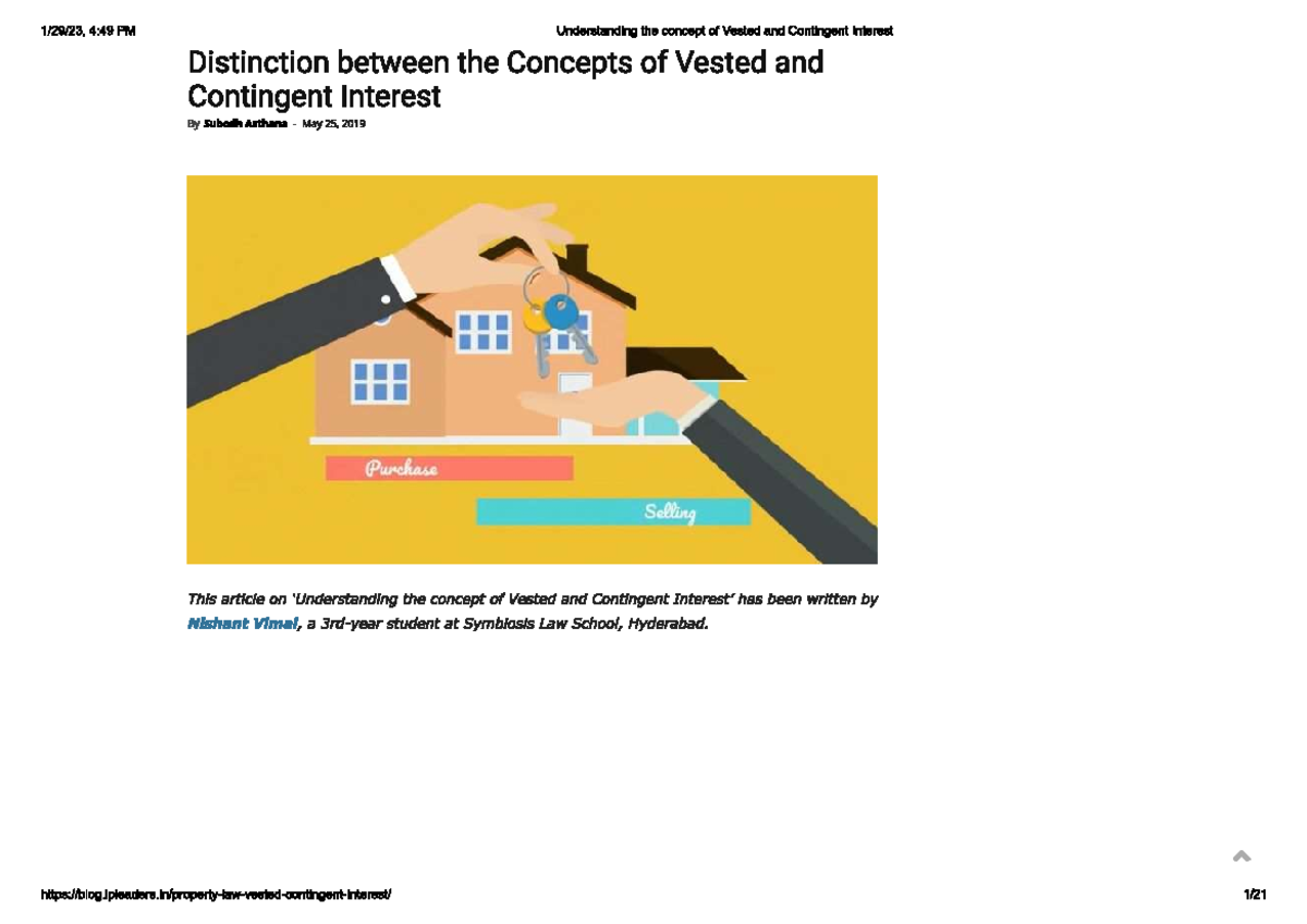 Vested interest and contigent interest Property Law Studocu