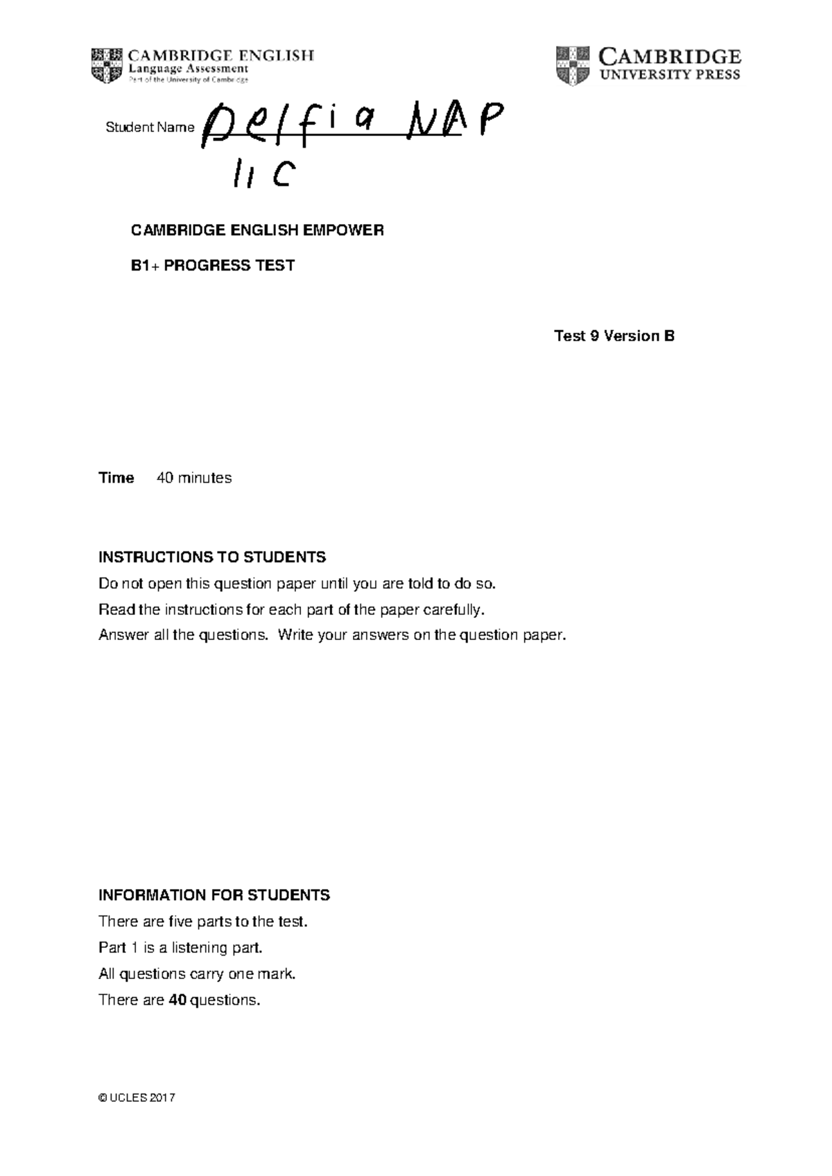 Pdfcoffee - english empower b1+ progress test 9 b - Student Name ...