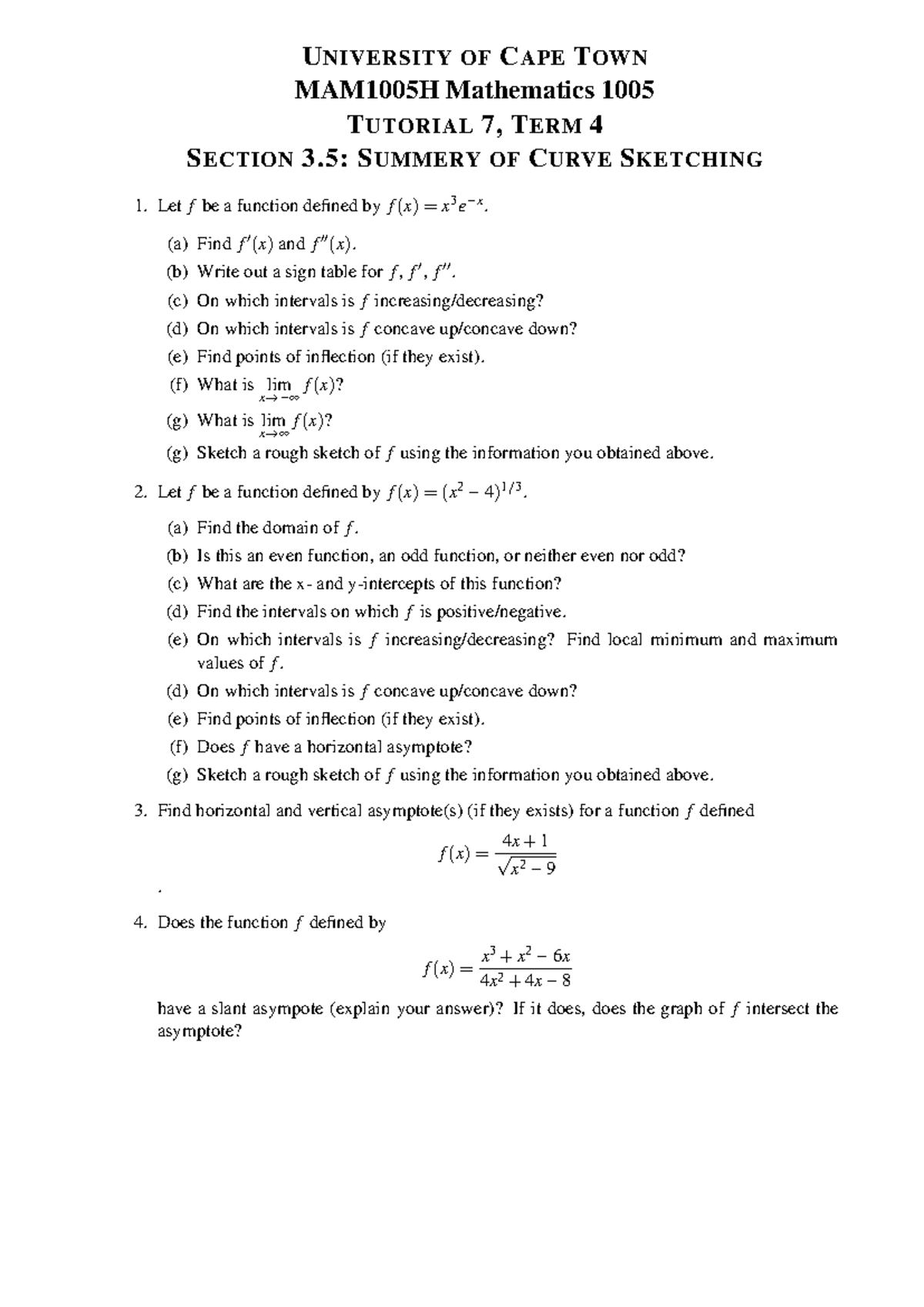 Tutorial 7 MAM1005H Term4 2024 - U NIVERSITY OF C APE T OWN MAM1005H ...