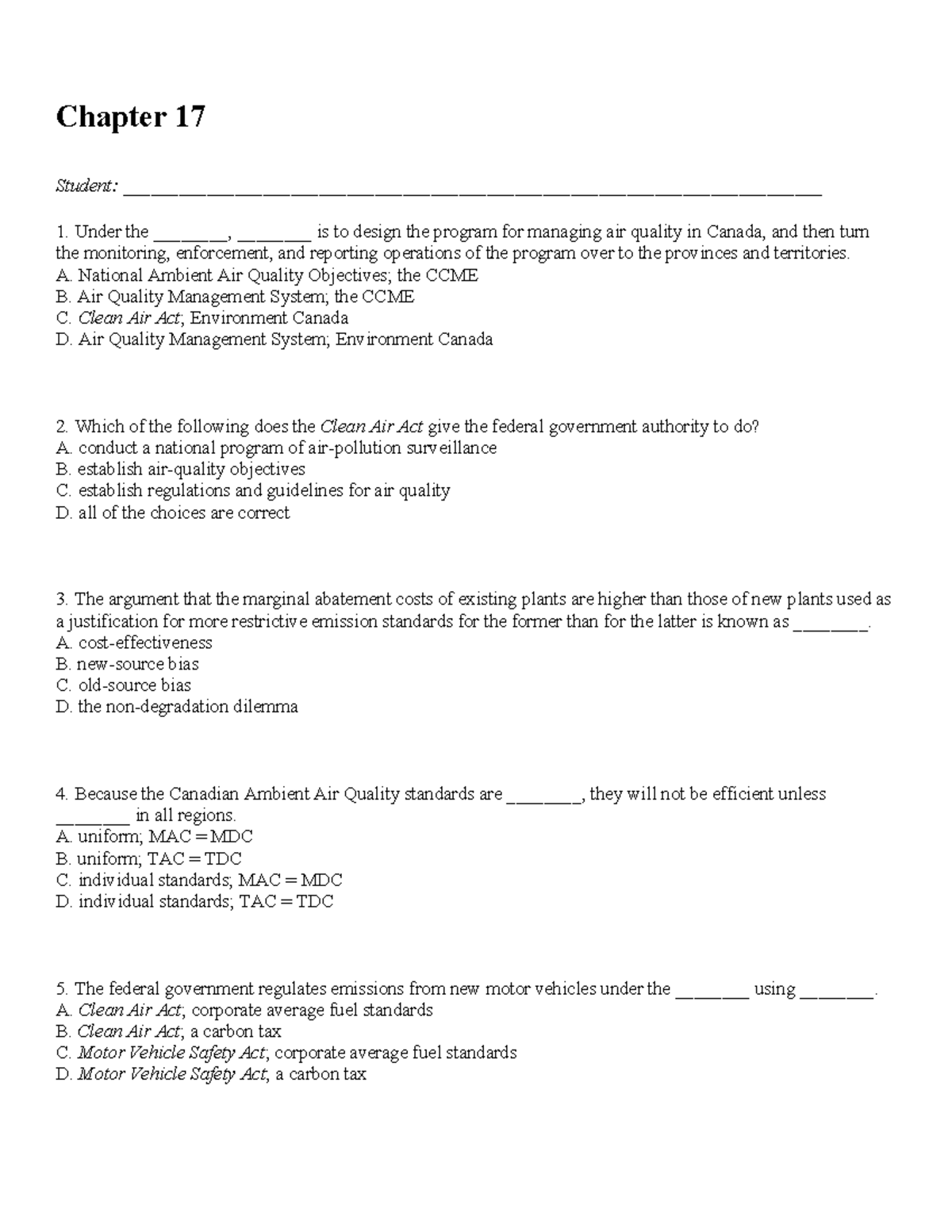 Chapter 17 - VERY HELPFUL!! Practice Exam Question - Chapter 17 Student ...