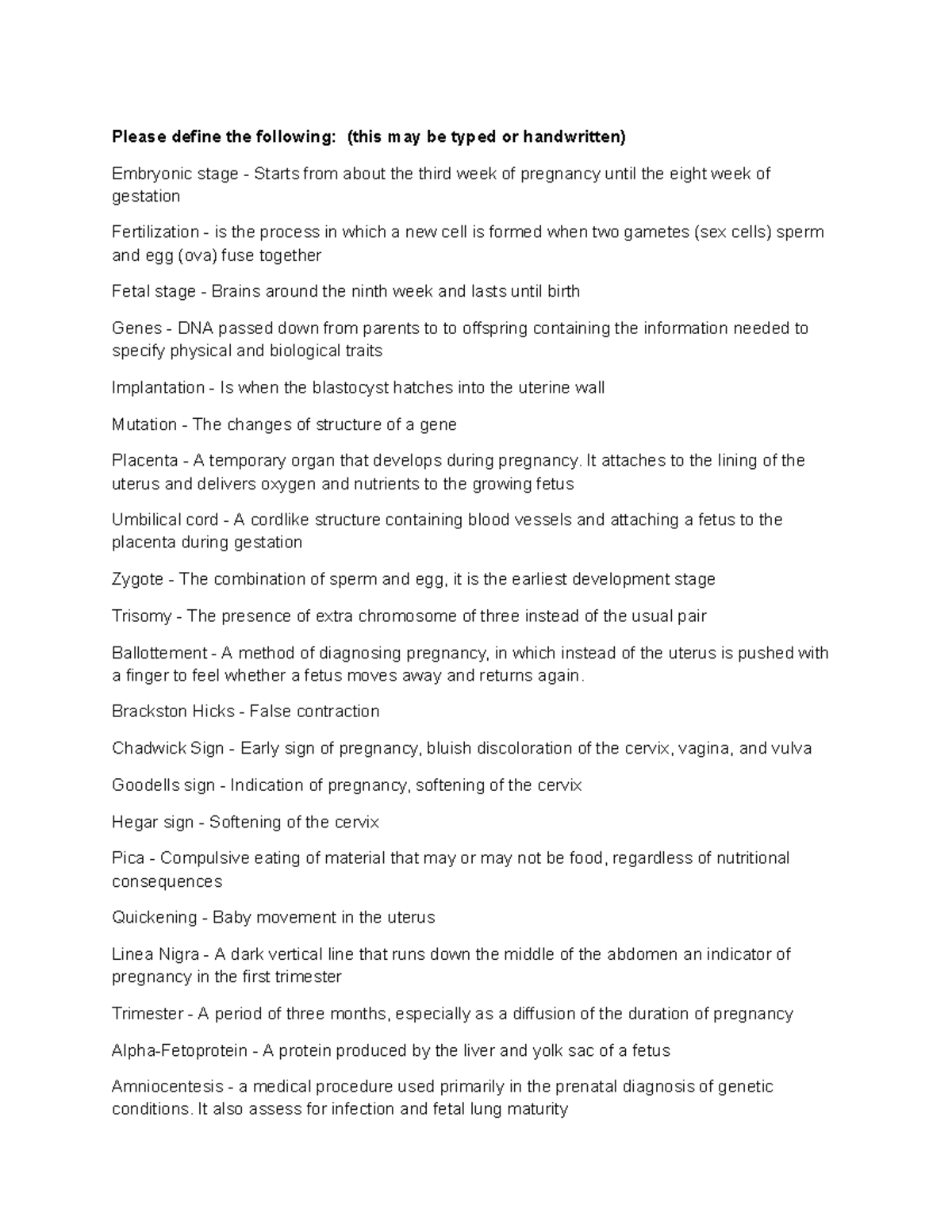 Maternal Vocab Week 2 Please define the following (this may be typed