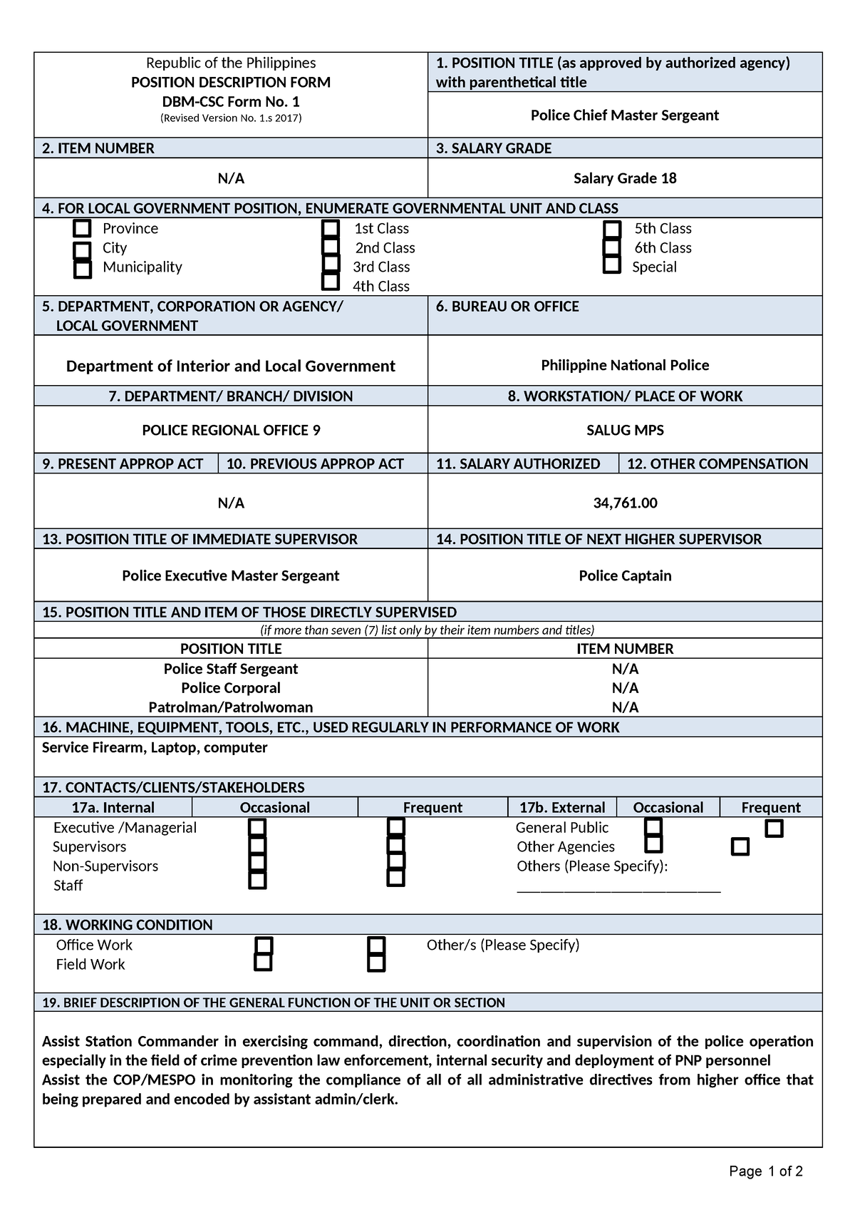 5 Dbm For Pcms Oscias P Gomez Republic Of The Philippines Position Description Form Dbm Csc 3546