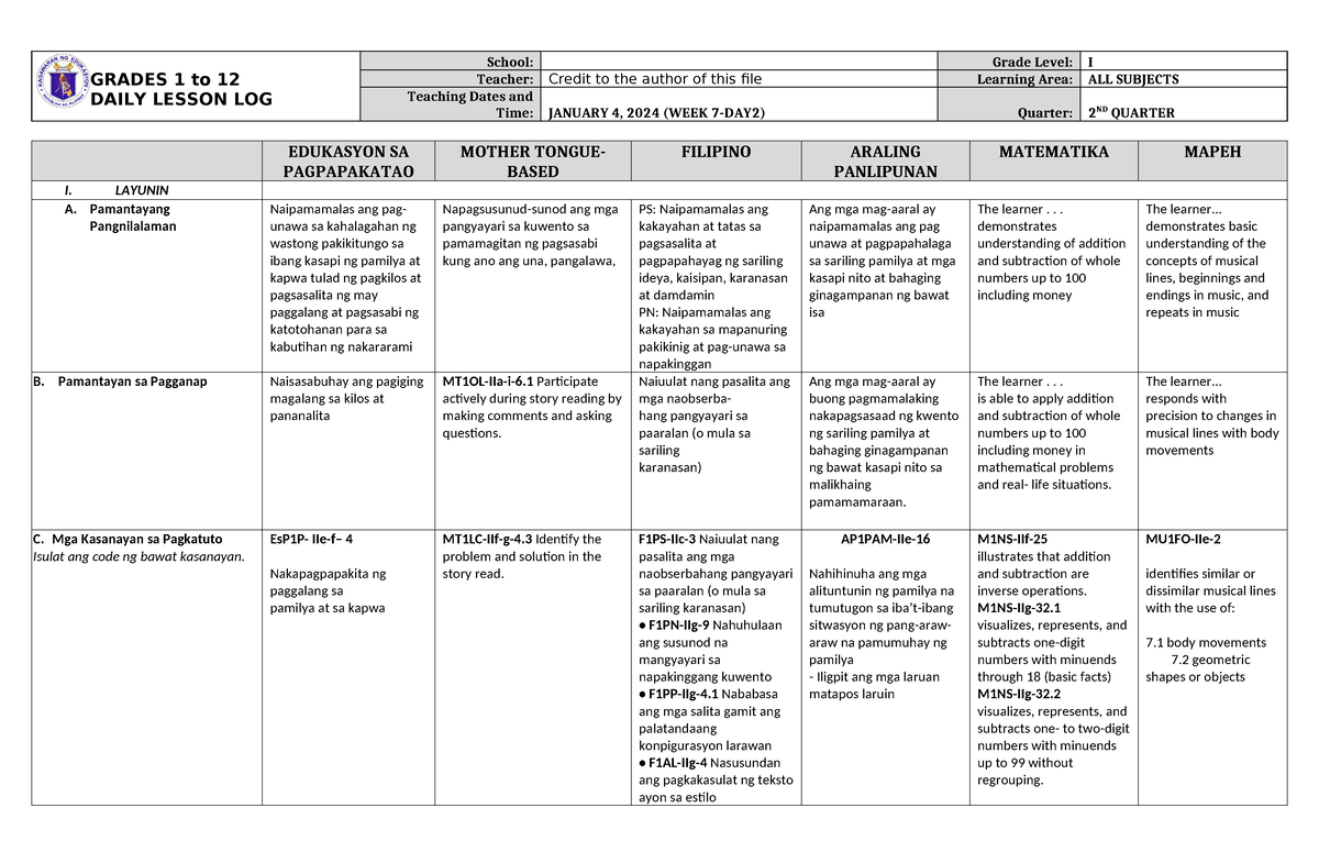 Dll All Subjects 1 Q2 W7 D2 Grades 1 To 12 Daily Lesson Log School Grade Level I Teacher 0939