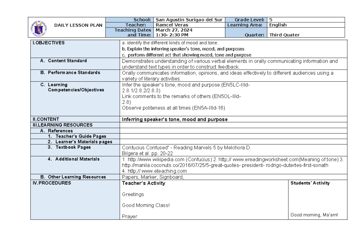 Lesson Plan in English 5- 5th Demo - I a. identify the different kinds ...