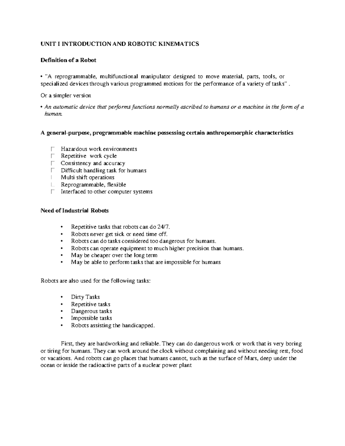 Introduction AND Robotic Kinematics notes - UNIT I INTRODUCTION AND ...