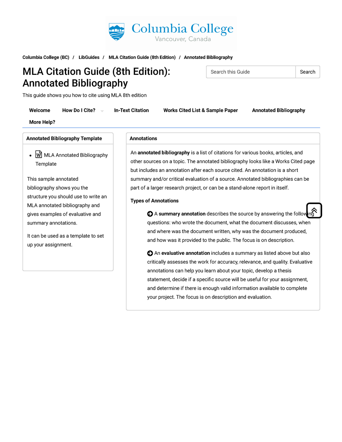 Annotated Bibliography Mla Citation Guide 8th Edition Lib Guides At Columbia College Studocu