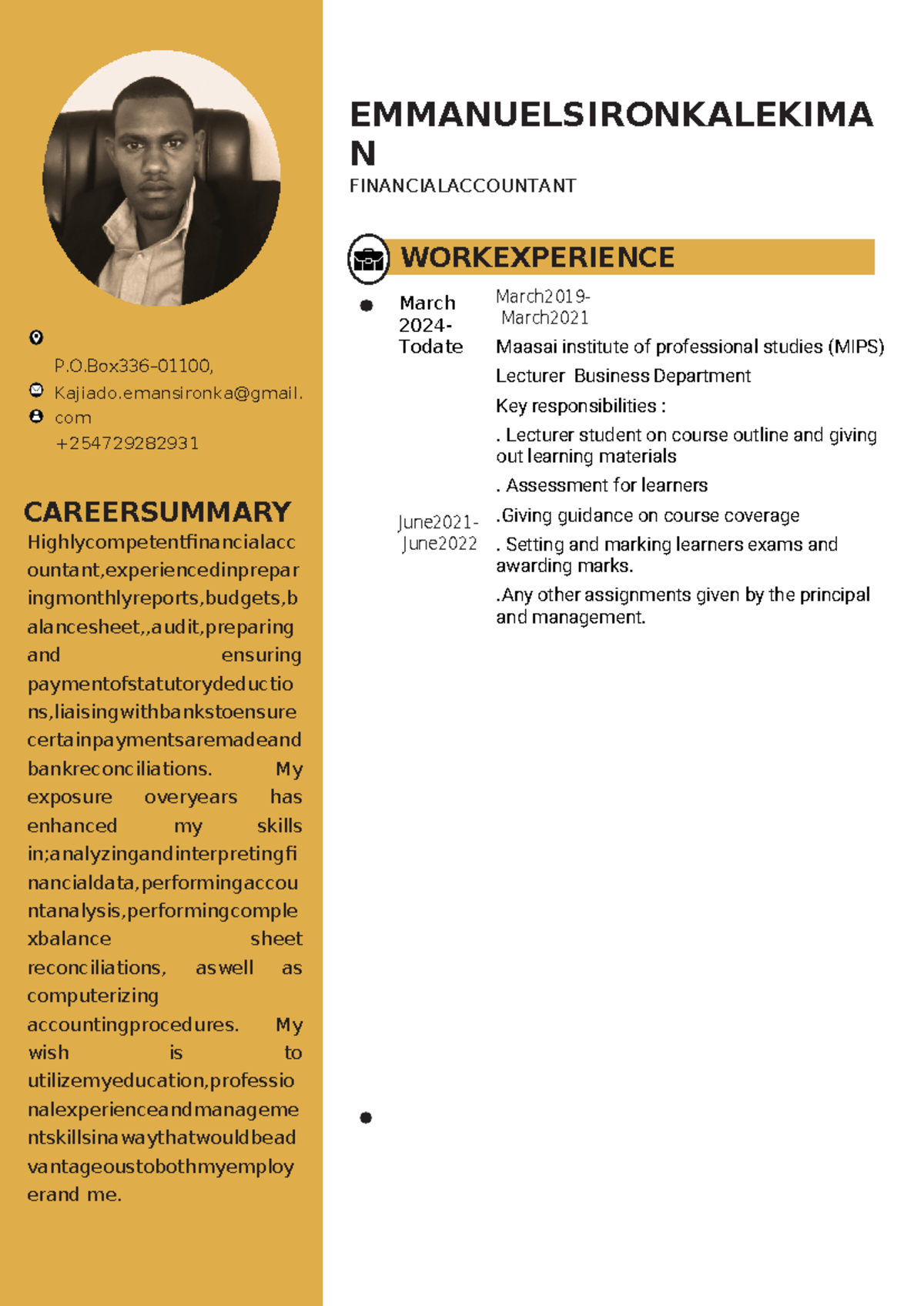 Emmanuel CV-5 - Lecture notes - EMMANUELSIRONKALEKIMA N ...