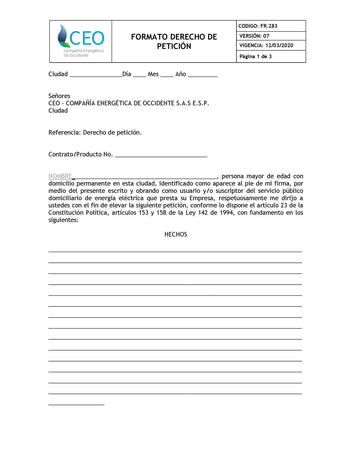 File-8043-FR283 Formato Derecho De Peticion V07 - FORMATO DERECHO DE ...