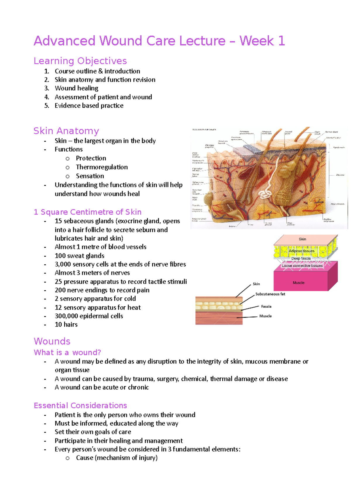 Advanced Wound Care Notes Week 1 Advanced Wound Care Lecture Week