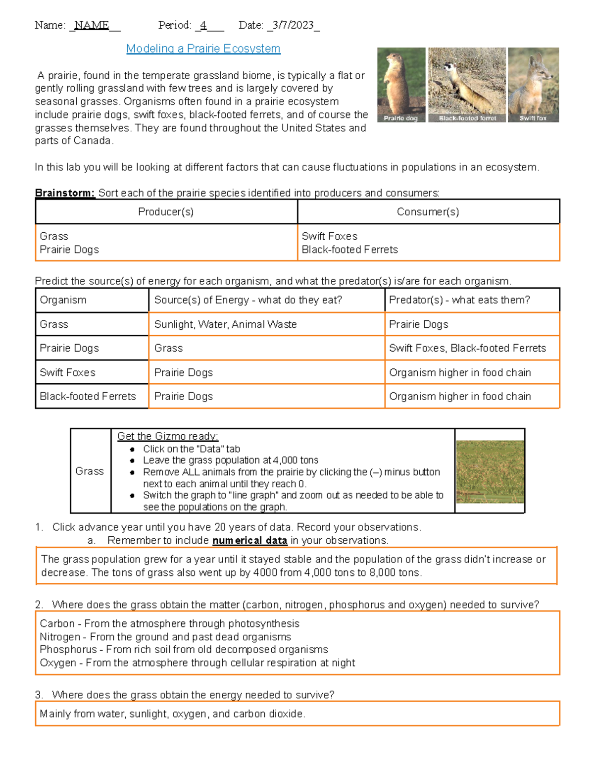 Modeling a Prairie Ecosystem Lab Gizmos Answer Key Name NAME_ Period