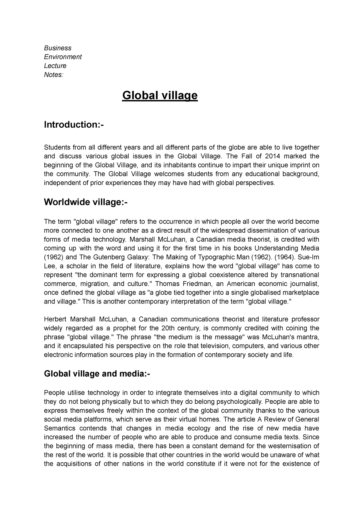 essay about global village