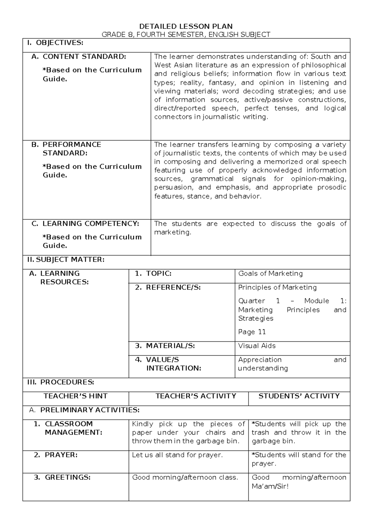 Detailed Lesson PLAN IN Entrepreneurship - DETAILED LESSON PLAN GRADE 8 ...