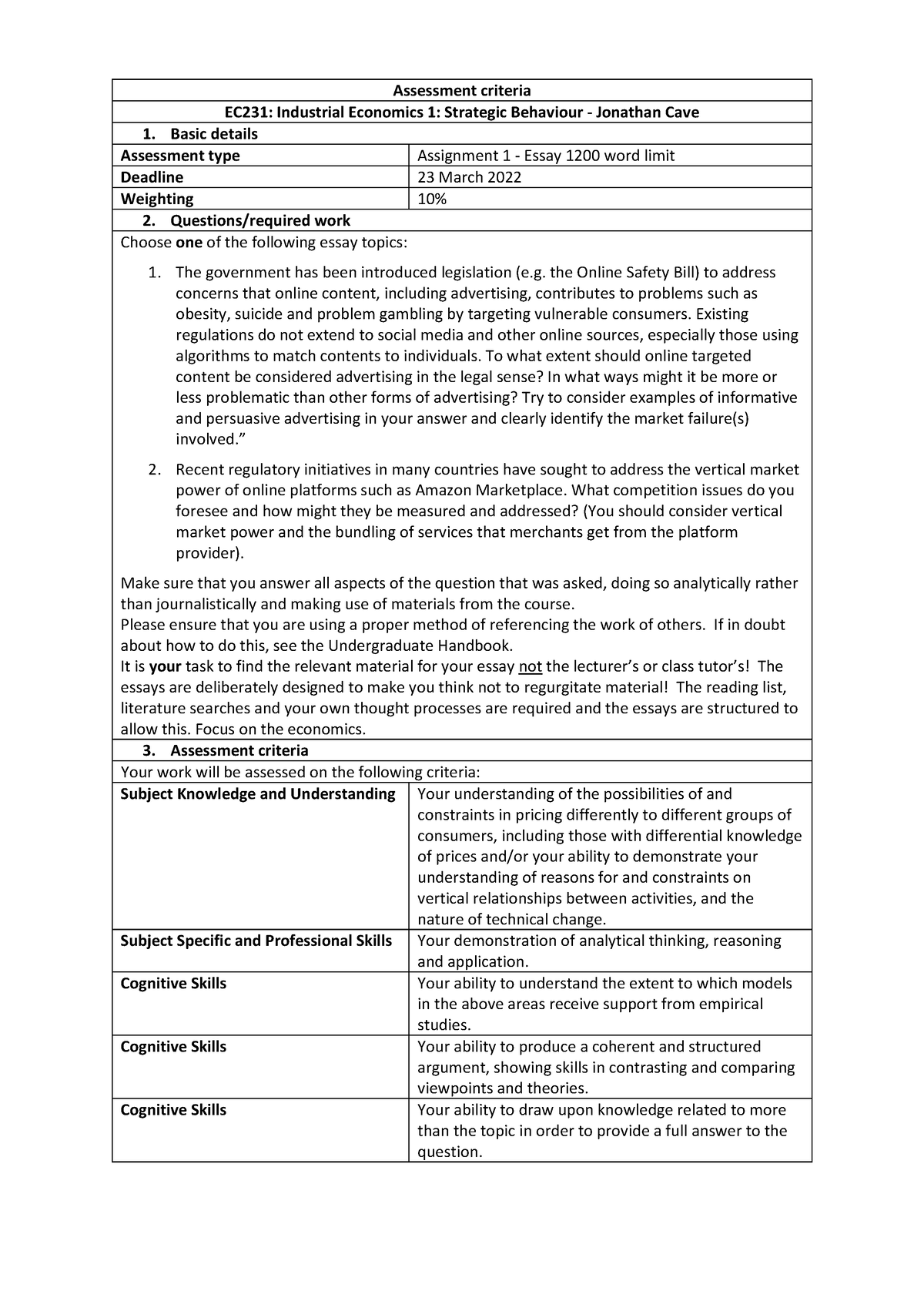 EC231 Essay 2022 - Assessment criteria EC231: Industrial Economics 1 ...