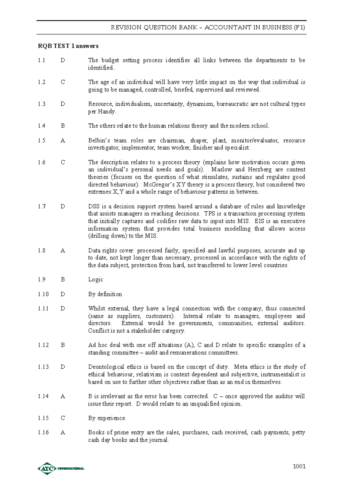 ACCA F1 ANSWER Set 1 - REVISION QUESTION BANK – ACCOUNTANT IN BUSINESS ...