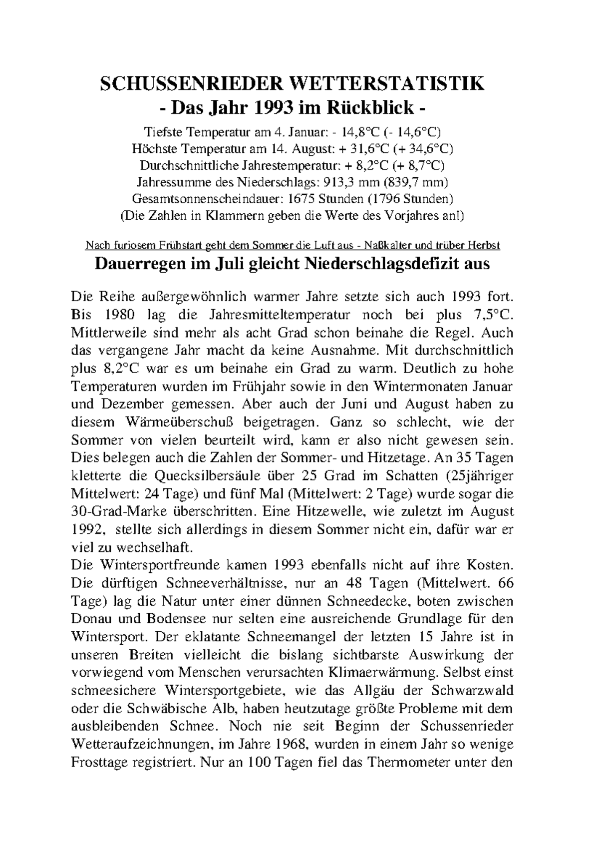 JS1993 - Sommersemster - SCHUSSENRIEDER WETTERSTATISTIK - Das Jahr 1993 