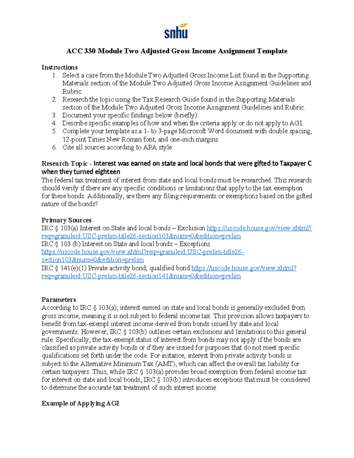 ACC 330 Module Two Adjusted Gross Income Assignment Template - Select a ...