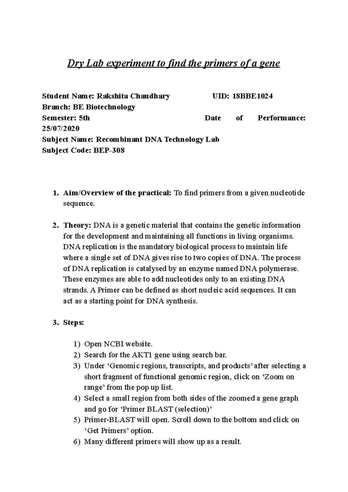Exp 1. Insitu oligonucleotide synthesis. Dry Lab experiment to find
