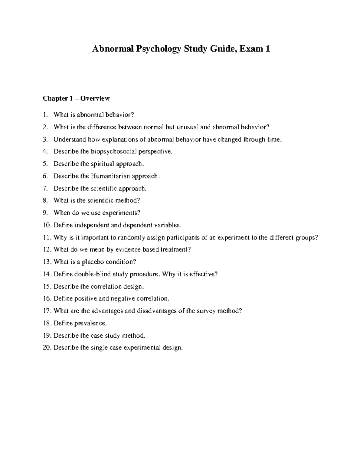 Midterm Study Guide S2019 , Abnormal Psychology - Abnormal Psychology ...