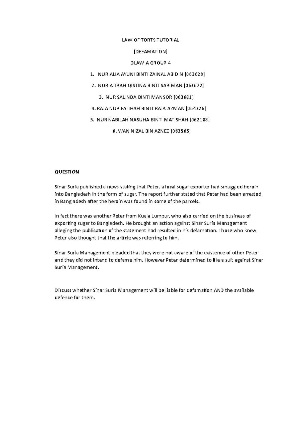 Answer Group 4 DLAW A copy - LAW OF TORTS TUTORIAL [DEFAMATION] DLAW A ...