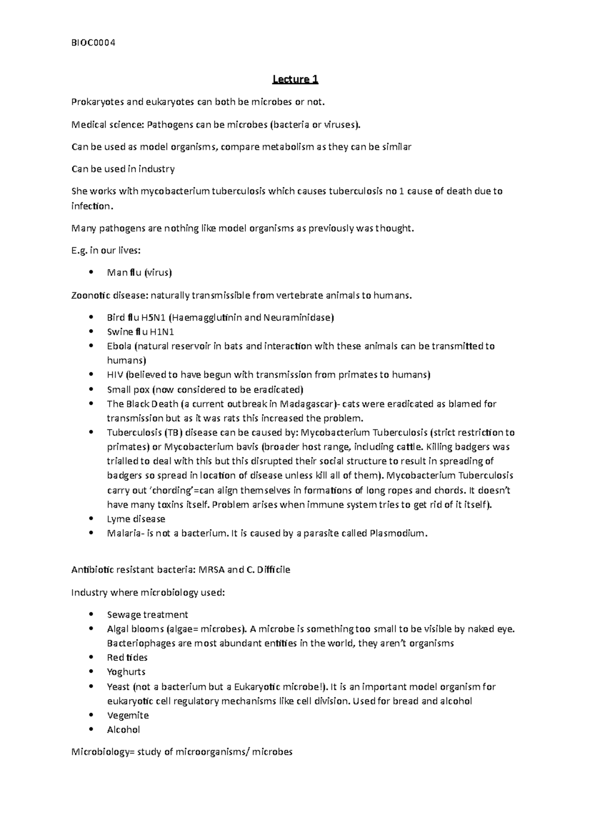 Lecture 1 Notes, Introduction to microbiology (Arnvig) - BIOC0004 - UCL ...