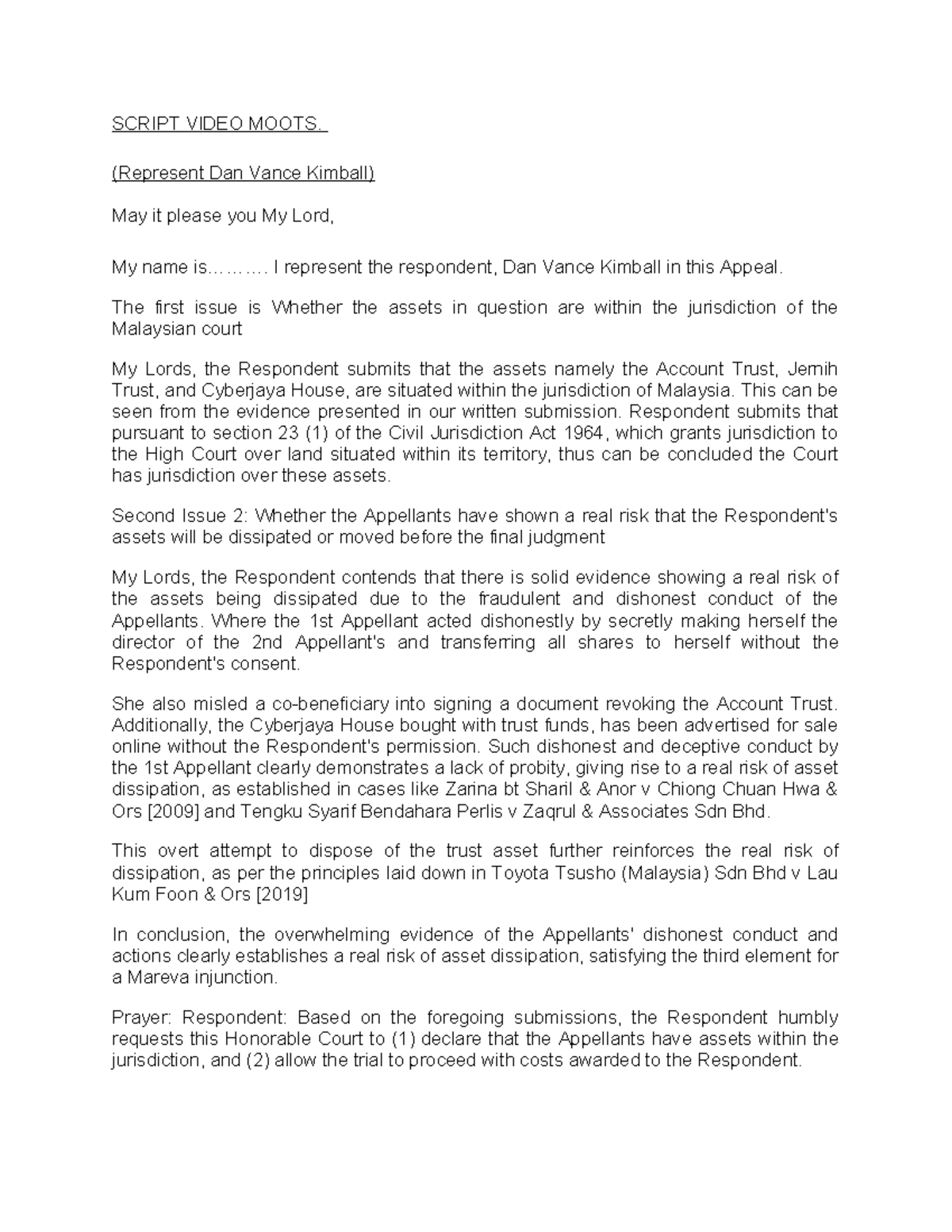 Moots example script for mooting SCRIPT VIDEO MOOTS. (Represent Dan