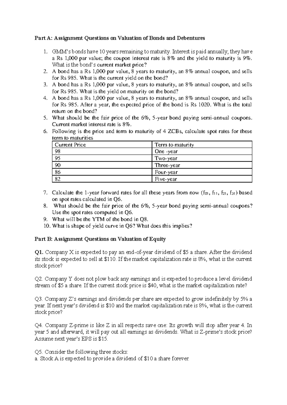 Practice questions on Equity - Part A: Assignment Questions on ...