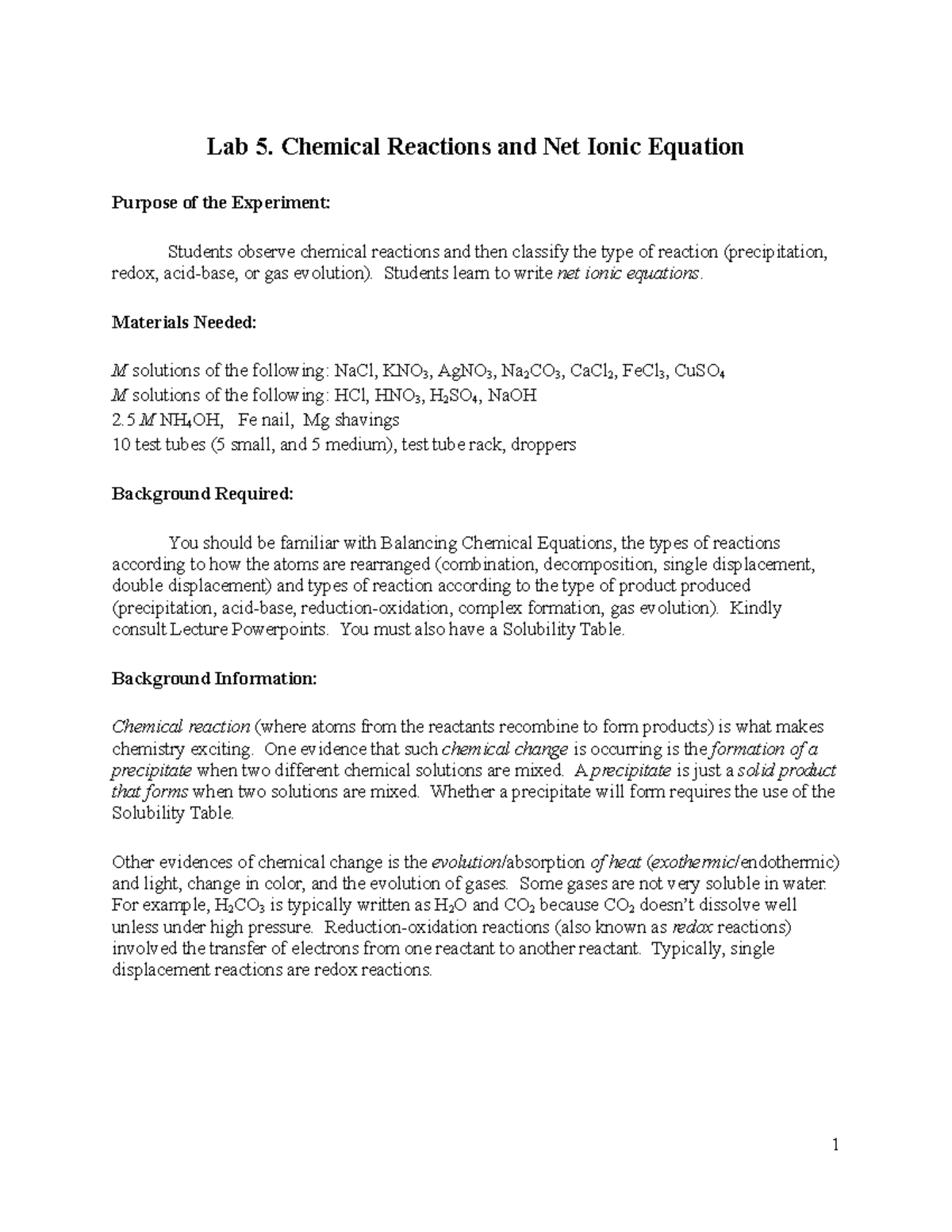 Lab 5 chemical reactions - Lab 5. Chemical Reactions and Net Ionic ...