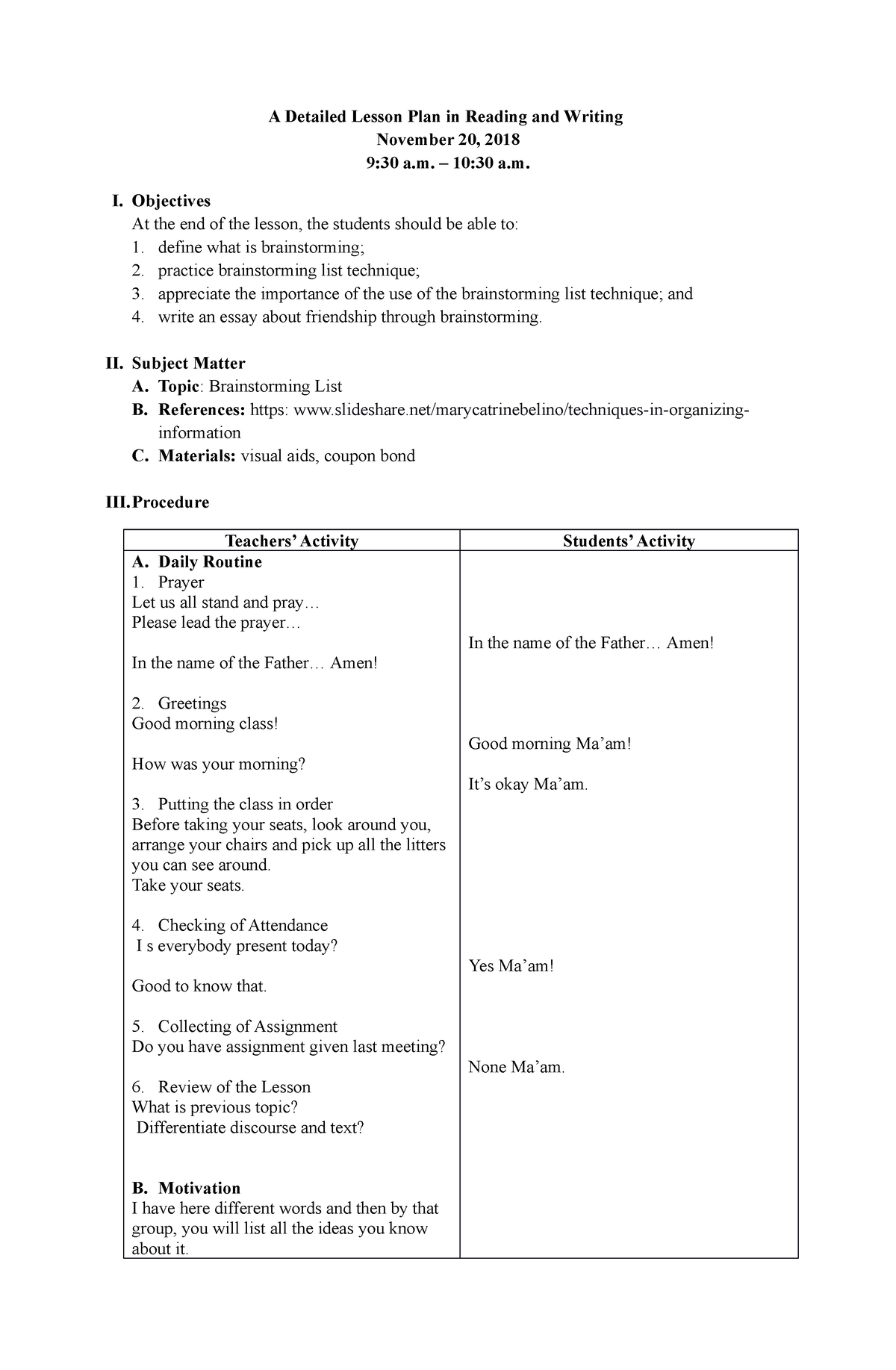 A Detailed Lesson Plan in English 11 - Brainstorming List - A Detailed ...