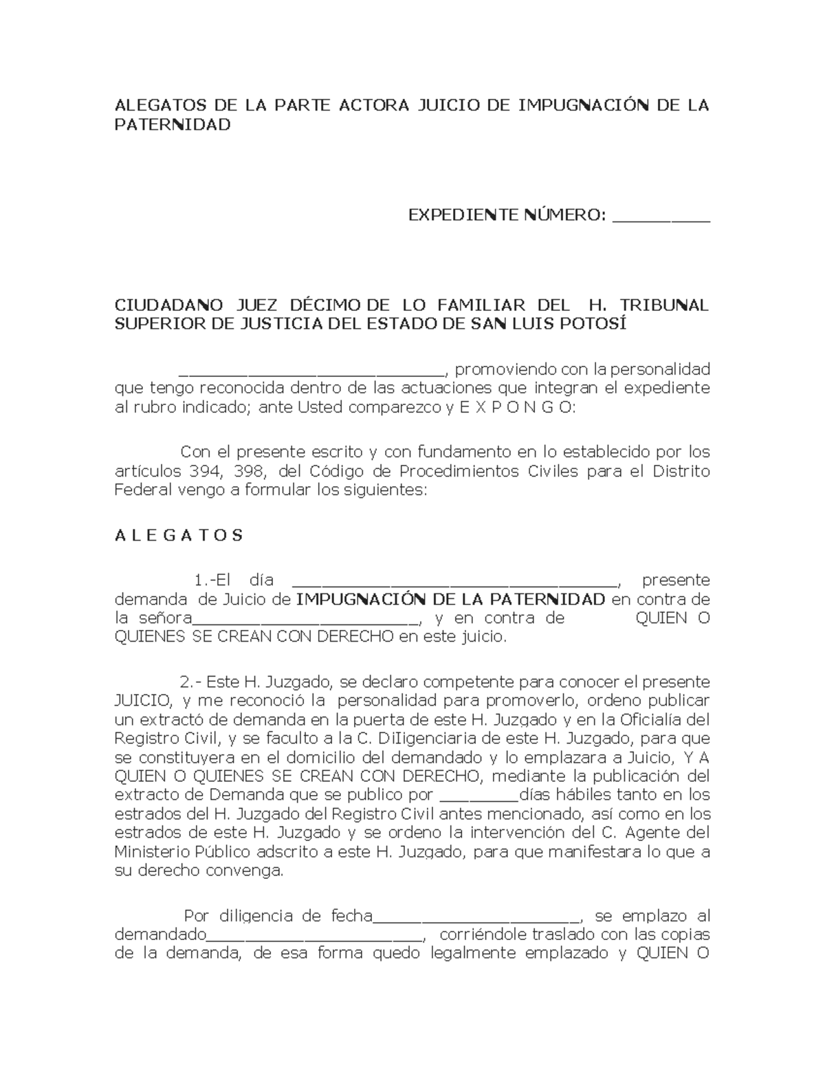 Alegatos DE LA Parte Actora Juicio DE Impugnación DE LA Paternidad ...