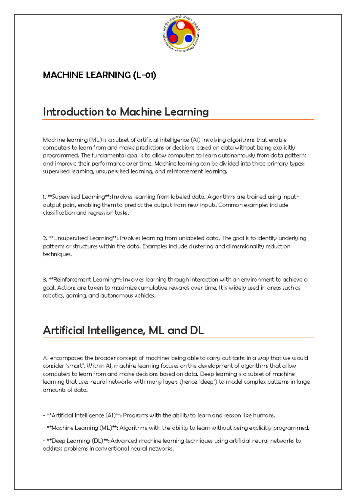 Machine Learning - .... - MACHINE LEARNING (L-01) Introduction to ...