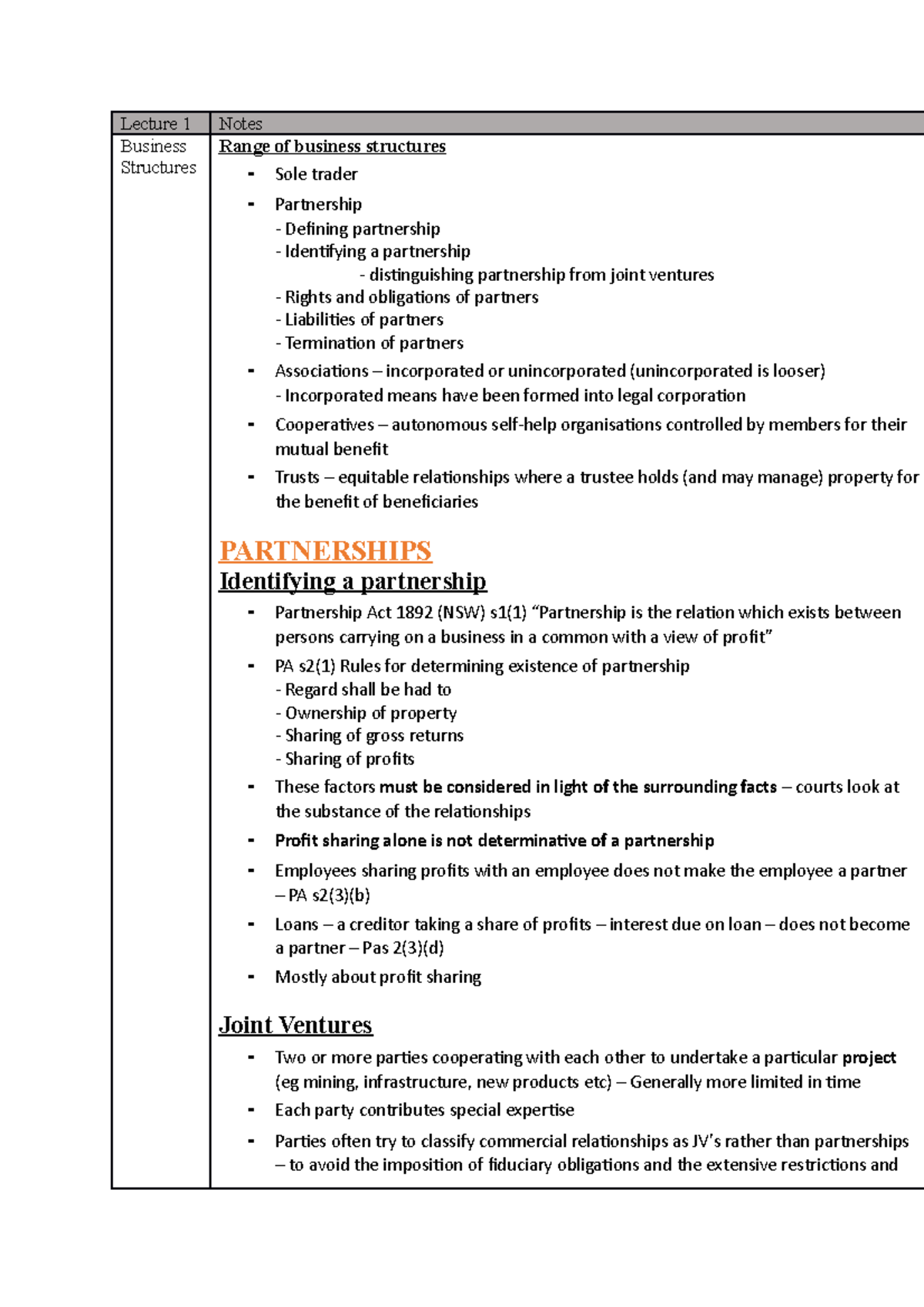 Lecture notes Corporate Law - Lecture 1 Notes Business Structures Range ...